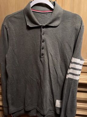 Thom Browne Gray Long-Sleeve Polo with Sleeve Stripes